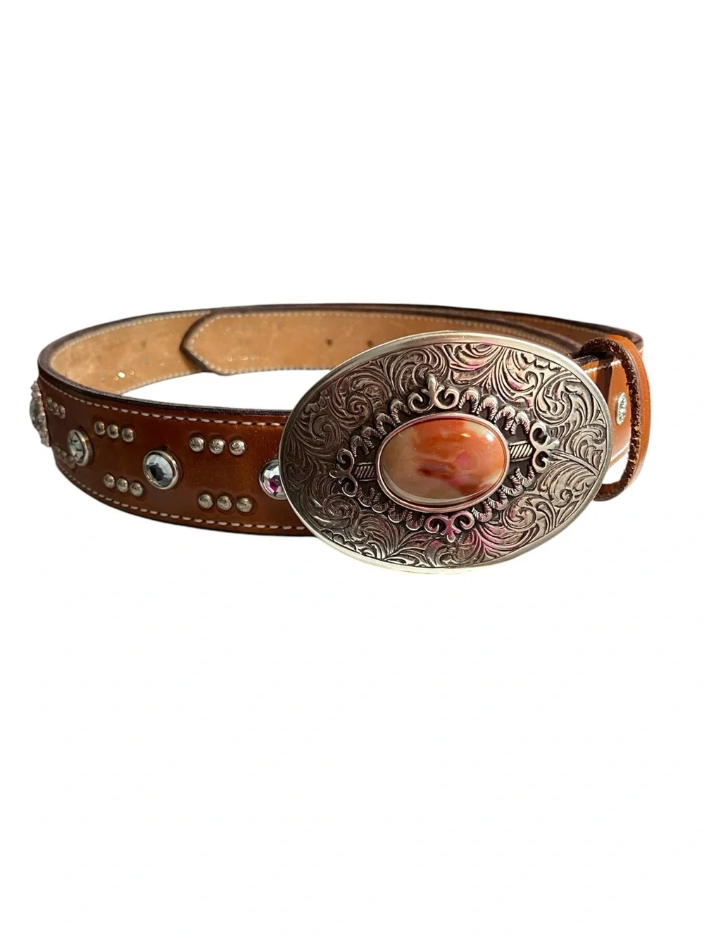 Brown Leather Studded Belt Silver “Agate” Buckle Appaloosa